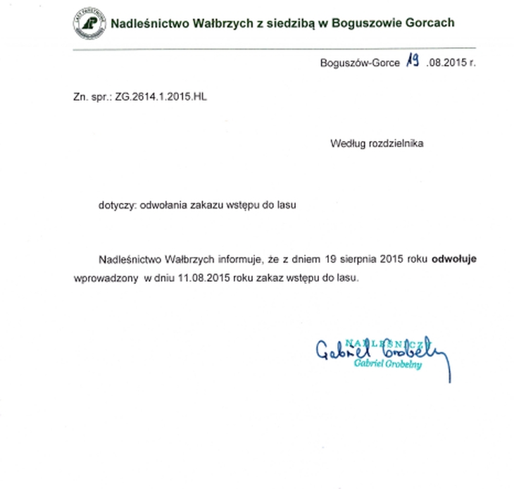 odwołanie wstępu do lasu 333
